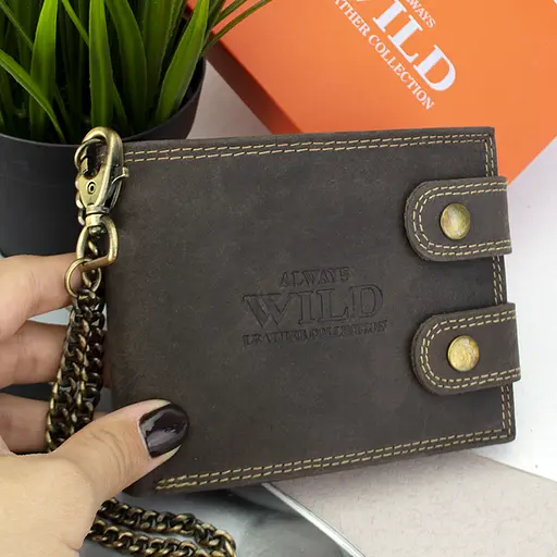 Мужское кожаное портмоне Always Wild 2900-BIC коричневое на кнопках с цепочкой - фото 9