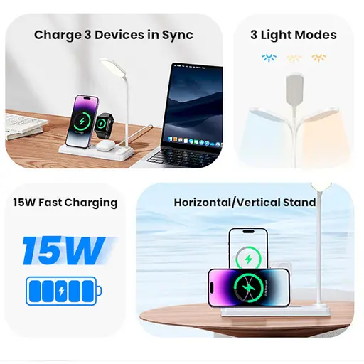 БЗП Usams US-CD195 15W 4in1 Wireless Charging Holder With Table Lamp White - фото 5