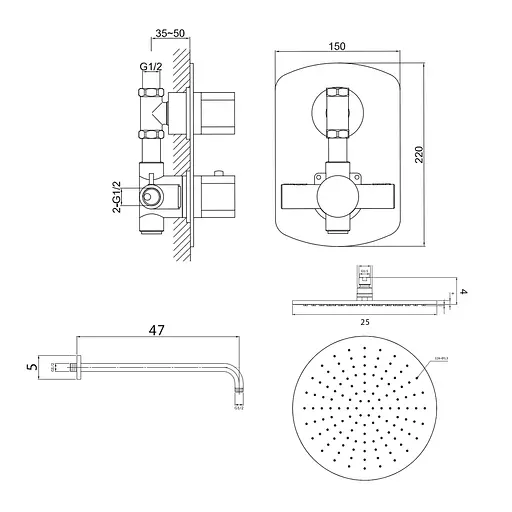 Душова система Kohlman Foxal 25 chrome з термостатом + BOX прихованого монтажу KPL-QW431FR25, Хром - фото 2