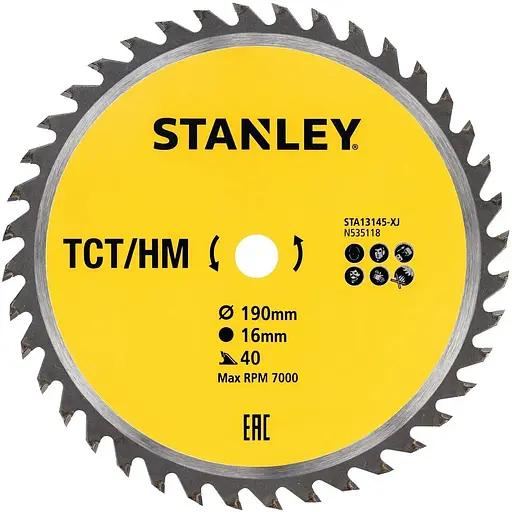 Диск пильный Stanley TCT/HM 190 х 16 мм 40 зубов (STA13145)