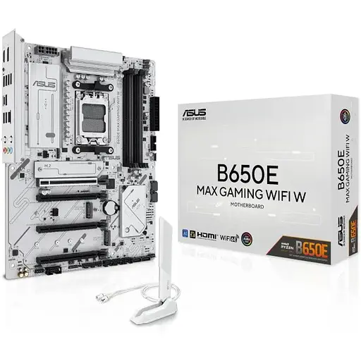 Материнская плата Asus AM5 B650E MAX Gaming WIFI W, B650, 4xDDR5, Int.Video (CPU), 4xSATA3, 3xM.2, 1xPCI-E 5.0x16, 1xPCI-E 4.0x16, 2xPCI. 2.5Gb, WiFi 6E, Bluetooth 5.3, 8xUSB 3.2/8xUSB 2.0, HDMI/DP, ATX - фото 2