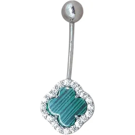 Серебряная серьга для пирсинга пупка Ирий Клевер с малахитом. 6025.1