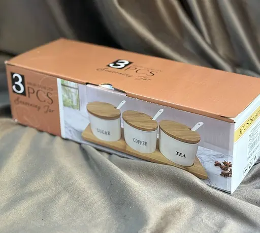 Набір банок 3 шт з кришками та ложками з  бамбуковим підносом для зберігання сипучих 300 мл Сірий - фото 6