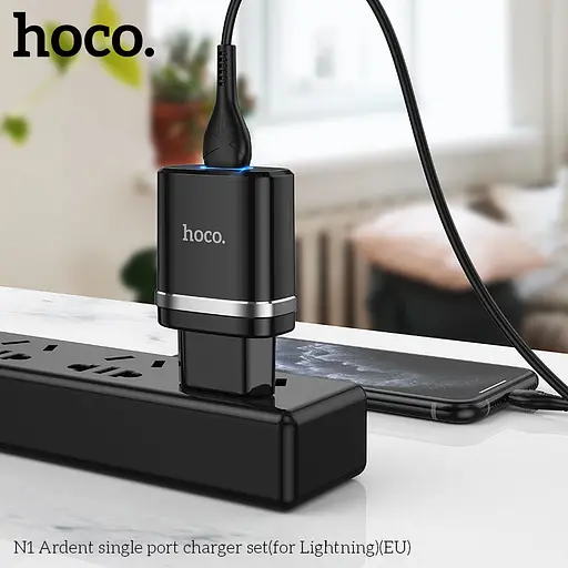 Блок-адаптер питания с подсветкой HOCO N1 Ardent charger set набор с кабелем Lightning черный - фото 4