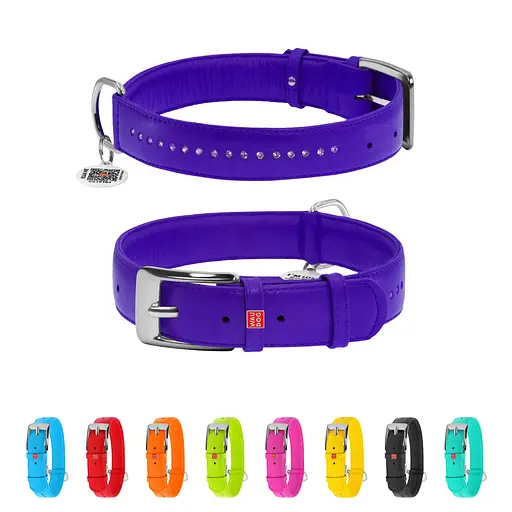 Нашийник для собак шкіряний Waudog Glamour з QR-паспортом подвійний зі стразами L Ш 25 мм Д 38-49 см фіолетовий - фото 2