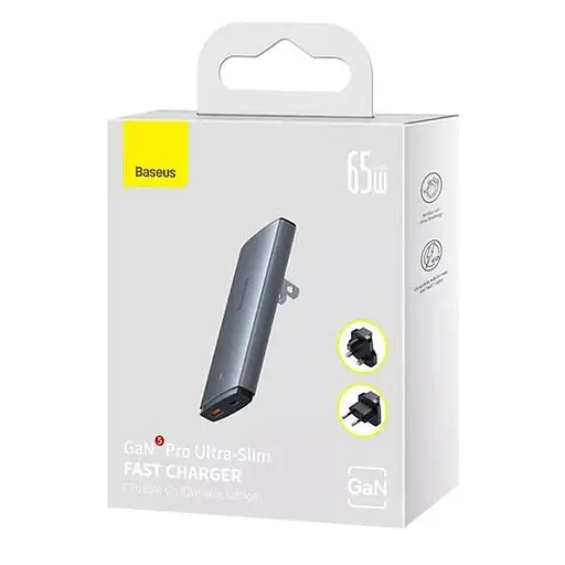 Мережевий зарядний пристрій Baseus GaN5 Pro Ultra-Slim Fast Charger C + U 65W (Overseas Edition) Сірий - фото 2