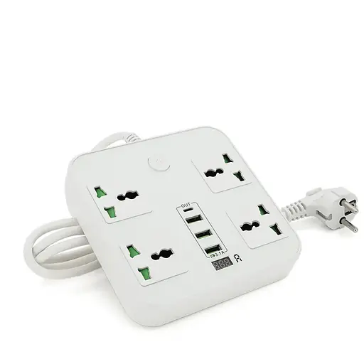 Мережевий фільтр ТВ-Т90, 4 розетки + 3 USB, 2 м, перетин 3х0, 75мм, 3000W, White, Box