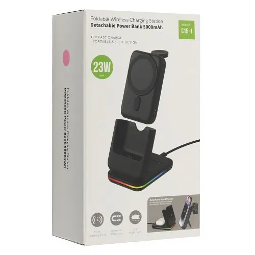 Зарядна станція 3IN1 + Power Bank MagSafe 5000mAh C151 (iPhone, iWatch, AirPods) Original чорний - фото 2