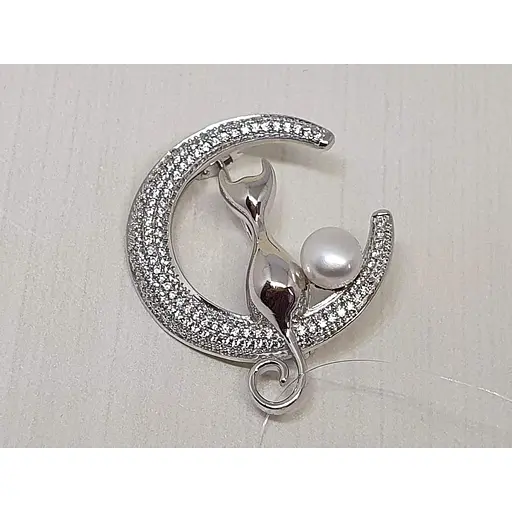 Срібна брошка Dear Кішка з перлиною. 9011.1С - фото 2