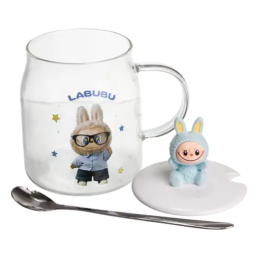 Чашка скляна Yiwu Labubu 600 мл з ложкою і порцеляновою кришкою блакитний Yiwu FM-56D - фото 3