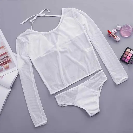 Комплект сексуальний у сітку (топ, ліф, труси) XS/S білий K1004-2 - фото 3