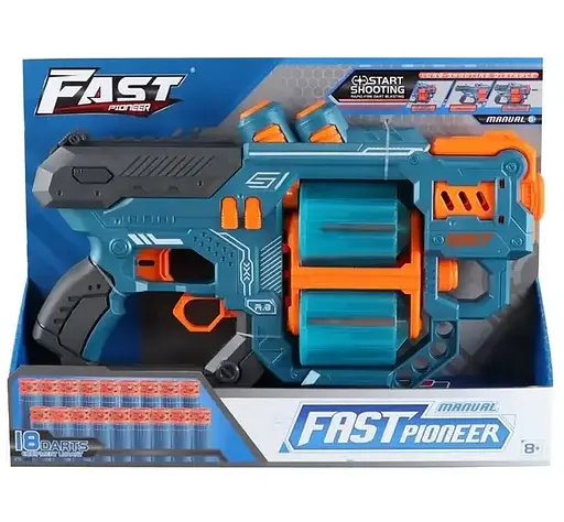Бластер BH804 Fast Pioneer Manual с двойным барабаном и мягкими патронами 18шт, синий (6953245653804) - фото 1