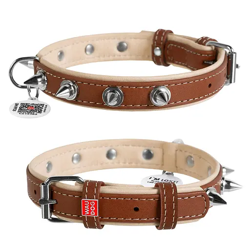 Ошейник для собак кожаный Waudog Soft с QR-паспортом с шипами Ш 20 мм Д 30-39 см коричневый