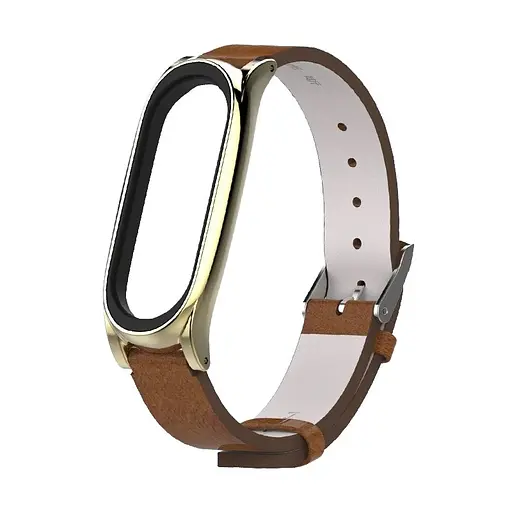 Шкіряний ремінець MiJobs для фітнес-браслета Xiaomi Mi Band 5 и 6 Type С коричневий, тримач - золотистий - фото 2