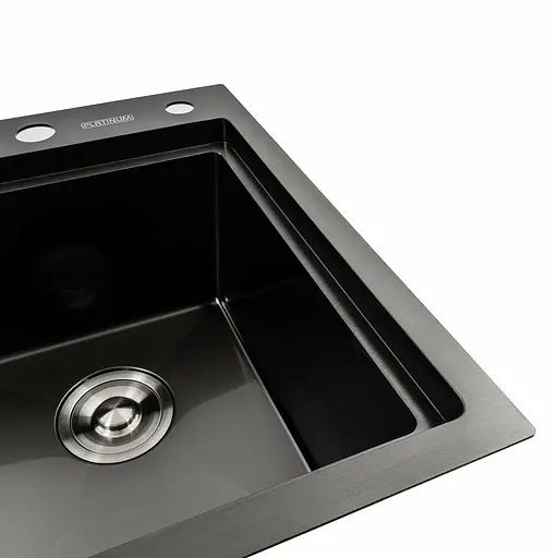 Кухонна мийка чорна PVD 58x48 R Platinum Handmade (два отвори, круглий сифон 3,0/0,8), Чорний - фото 5