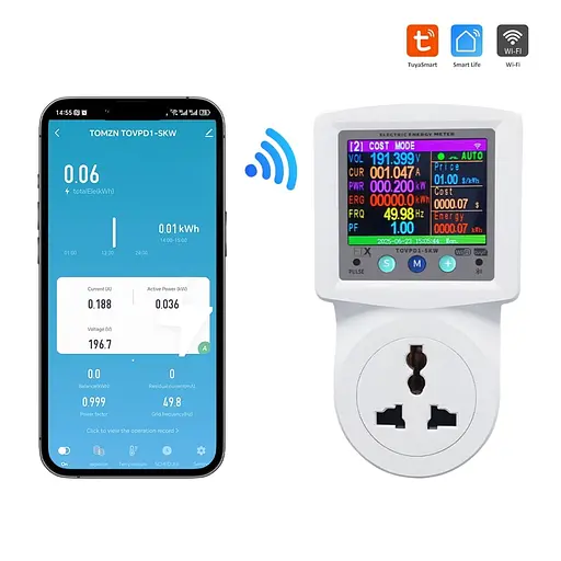 Умная розетка с реле контроля напряжения, тока, мощности с Wi-Fi (Tuya) TOMZN TOVPD1-SKW Universal+EU 16A, мониторинг энергопотребления (51-00125) - фото 4