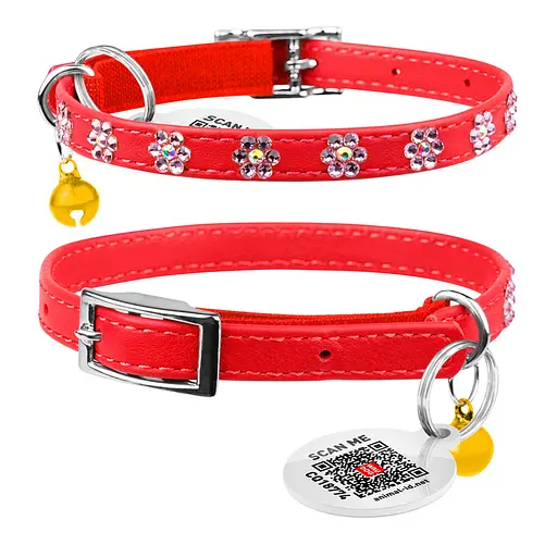 Ошейник Waudog Glamour с резинкой клеевыми стразами "Цветок" для кошек (ширина 9мм длина 22-30см) красный