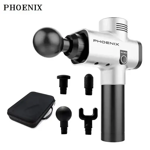 Массажный ударный пистолет триггерных точек Phoenix A2 (4 насадки) сенсор Серый - фото 2