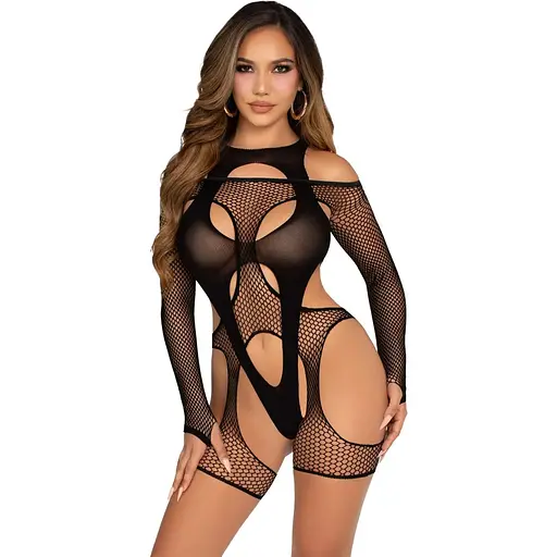 Бодістокінг Leg Avenue Fishnet Garter Harness and Teddy One Size Black