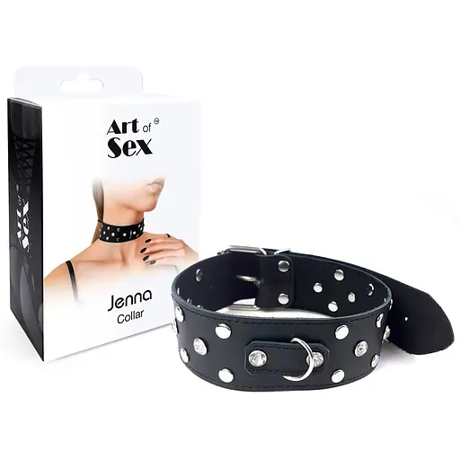 Нашийник з натуральної шкіри із заклепками та стразами Art of Sex - Jenna Collar, Чорний - фото 3