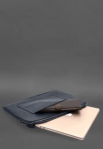 Кожаный чехол BlankNote для ноутбука на молнии с хлястиком и карманом Синий - фото 6