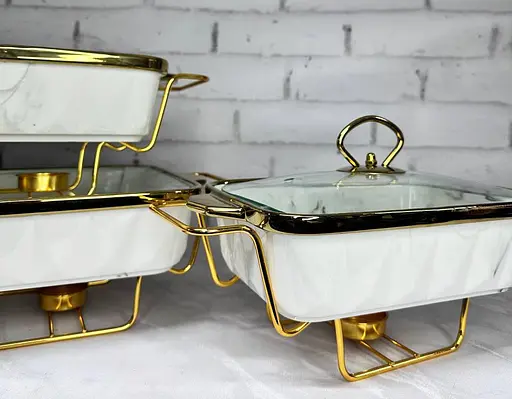 Набор из 3-х мармитов керамических прямоугольных Kitchen с крышками из стекла Бело Золотой - фото 6