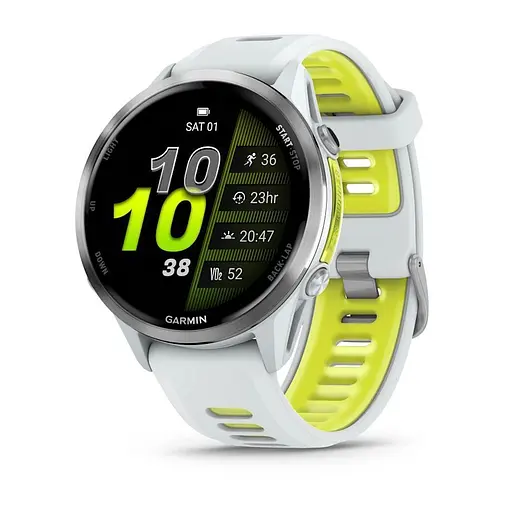 Смарт-часы Garmin Forerunner 970 с титановым безелем, корпусом цвета белого камня и бело-желтым ремешком.