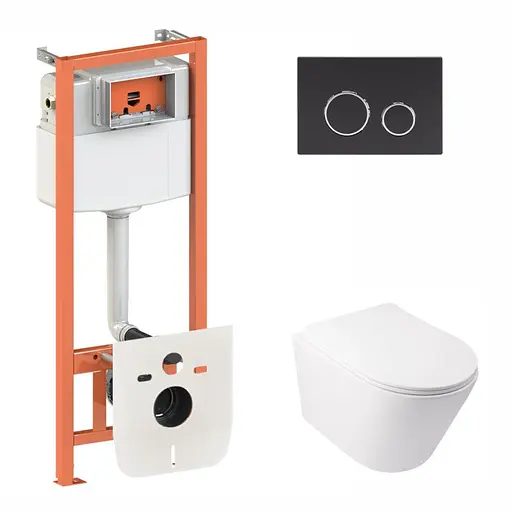 Набор Qtap инсталляция 3 в 1 Nest QT0133M425 с панелью смыва круглой QT0111M11V1146MB + унитаз с сиденьем Swan QT16335178W, Белый - фото 1