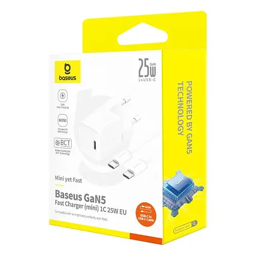 Мережевий зарядний пристрій Baseus GaN5 Fast Charger (mini) 1C 25W EU Cable Type-C to Type-C 1m білий P10110909213-01 - фото 4