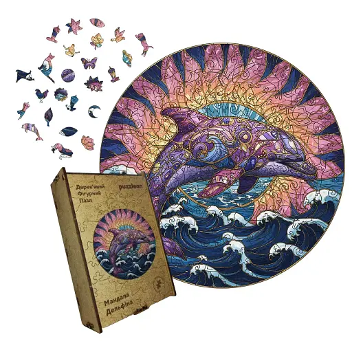 Деревянный пазл Мандала Дельфина, А1, Картонная коробка 500+ элементов