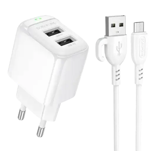 Зарядное устройство с кабелем- адаптер сетевой Borofone BAS41A 2 выхода USB + micro кабель - SET белый - фото 1