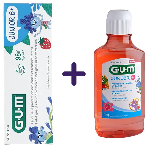 Набір: зубна паста-гель GUM Junior Strawberry 50 мл + Ополіскувач для порожнини рота GUM Junior 6+ 300 мл duplication