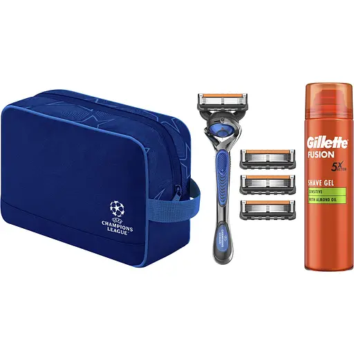 Подарунковий набір Gillette Fusion 5 UEFA Champions League Special Edition: станок для гоління чоловічий Proglide Flexball з 4 змінними картриджами + гель для гоління для чутливої шкіри 200 мл + Косметичка