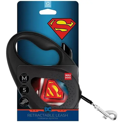 Повідець-рулетка для собак Waudog R-leash, малюнок "Супермен Лого", M, до 25 кг, 5 м, світловідбиваюча стрічка - фото 3