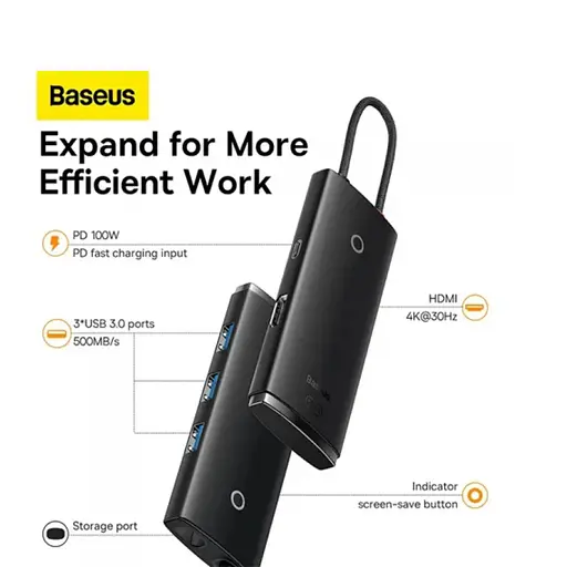 USB-Hub Baseus Lite Series 5-Port Type-C HUB Docking Station (Type-C to HDMI+USB3.0*3+PD) Black - фото 5