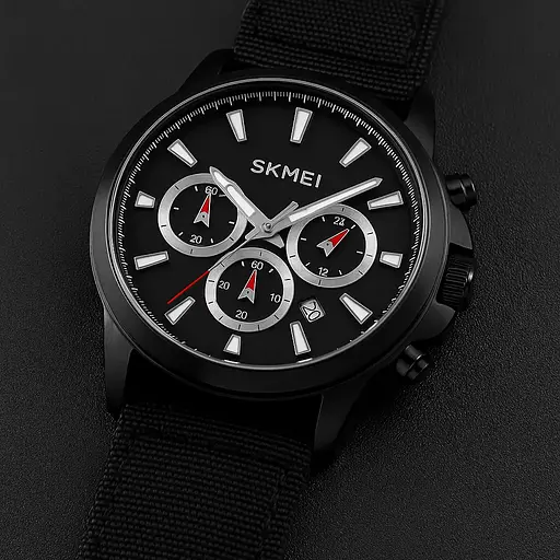 Чоловічий наручний годинник Skmei 2071 на нейлоновому ремінці (Чорний з сріблястим) - фото 2