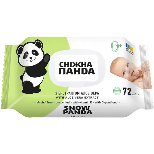 Вологі серветки для немовлят Сніжна Панда Алое Вера з клапаном 72 шт.