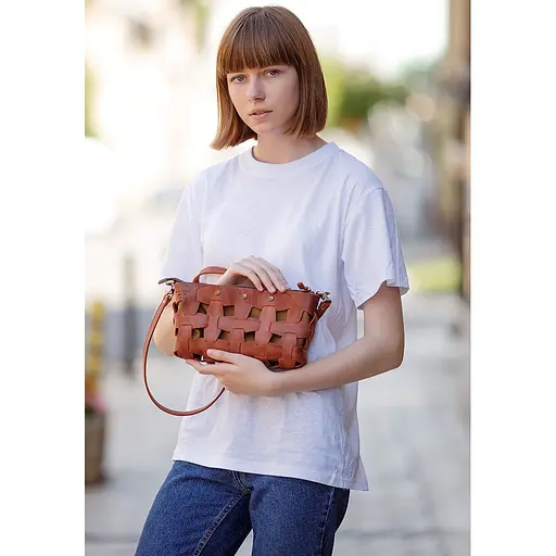 Шкіряна плетена жіноча сумка Пазл S світло-коричнева Crazy Horse - фото 7