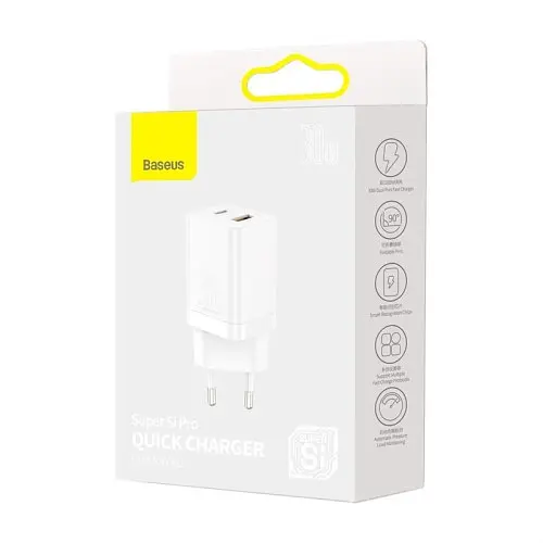 Мережевий зарядний пристрій Baseus Super Si Pro Quick Charger C+U 30W EU білий CCSUPP-E02 - фото 5