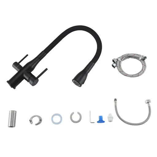 Смеситель для кухни на две воды Gappo G4399-66 гибкий излив нержавеющая сталь черный матовый - фото 5