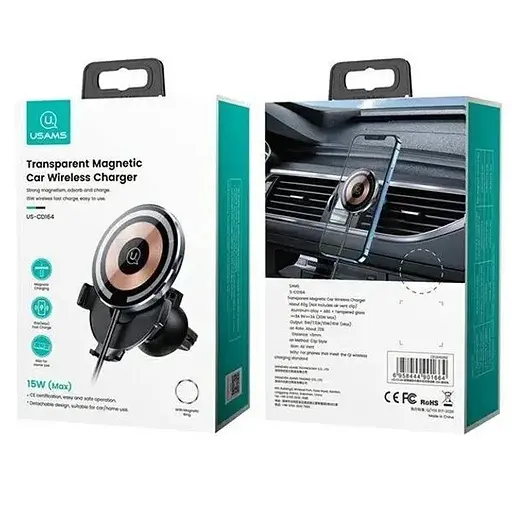 Автодержатель с беспроводной зарядкой Usams CD164 Transparent Magnetic Car Wireless Charger - фото 3