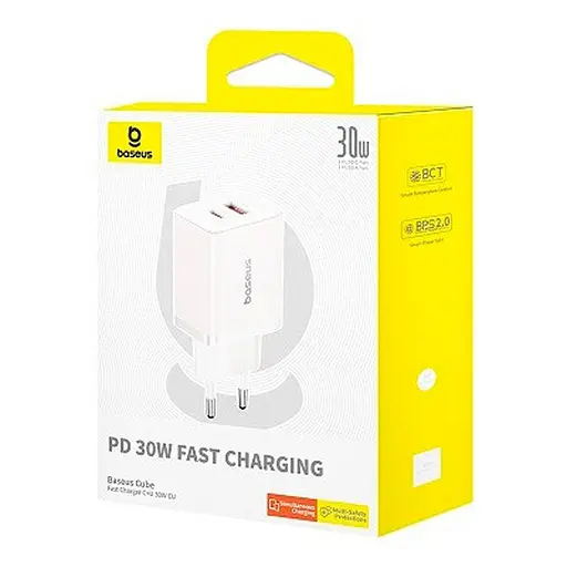 Зарядний адаптер блок живлення Baseus Cube Fast Charger C + U 30 W 2 порти білий - фото 2