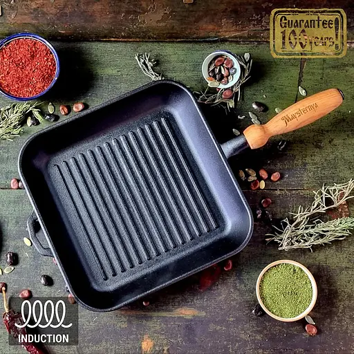 Сковорода-гриль чугунная Maysternya с деревянной ручкой 28×28 см подходит для индукционных плит Черный 81427 - фото 1