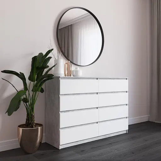 Комод Vays R-8 Бетон-Белый фасад, 8 ящиков без ручек, ЛДСП, 140×40×98 см - для спальни, гостиной, прихожей