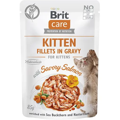 Корм влажный для котят Brit Care Cat Fillets in Gravy with Savory Salmon филе в соусе с лососем пауч 85 г - фото 1