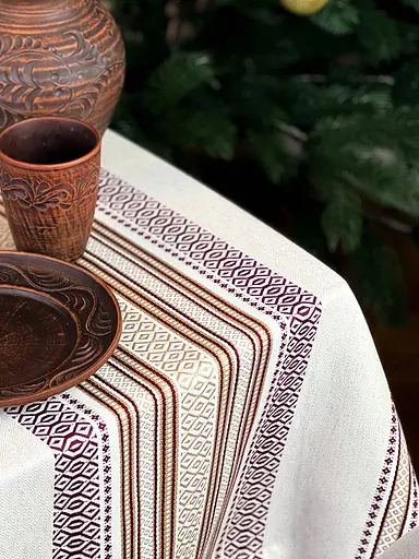 Льняная скатерть рождественская с украинским орнаментом Луч 250х150 см - фото 5