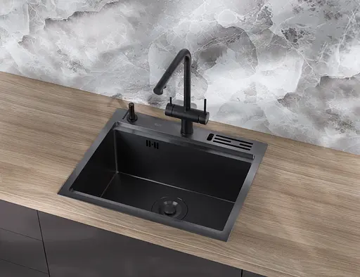 Кухонна мийка чорна з нержавіючої сталі з PVD покриттям мультифункціональна Nett NB-5747, Чорний - фото 6