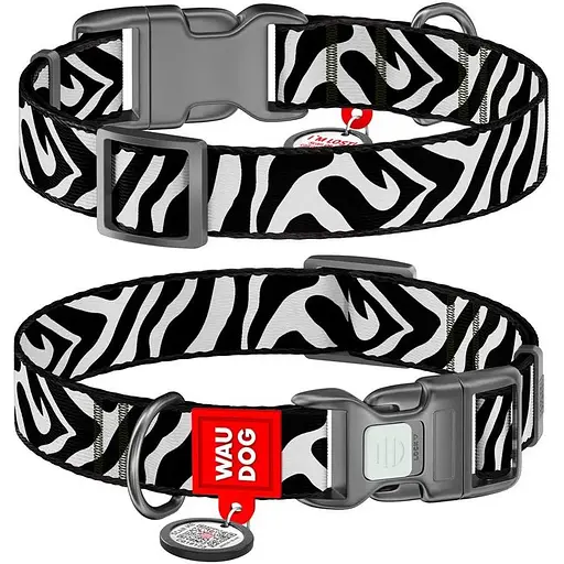 Ошейник для собак нейлоновый Waudog Nylon с QR адресником Зебра пластиковый фастекс S 1.5х25-35 см - фото 1