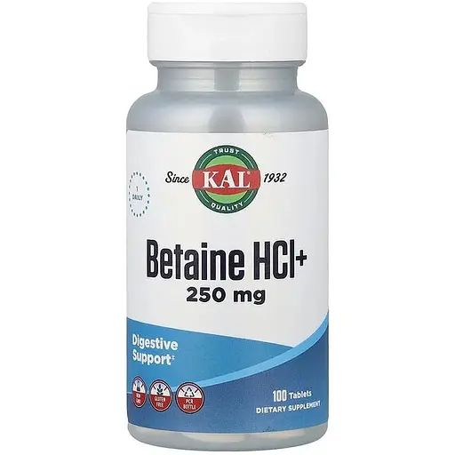 Бетаин гидрохлорид KAL Betaine HCl+ 250 mg, 100 таблеток - фото 1