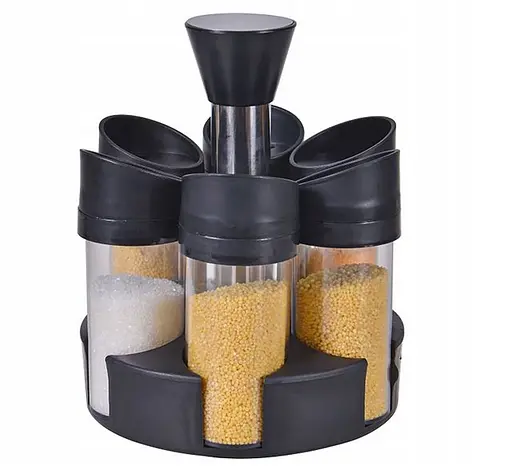 Набор из 6 стеклянных баночек для специй и приправ на вращающейся подставке 360 градусов, дозатор 3 режима Черный 88204 - фото 1